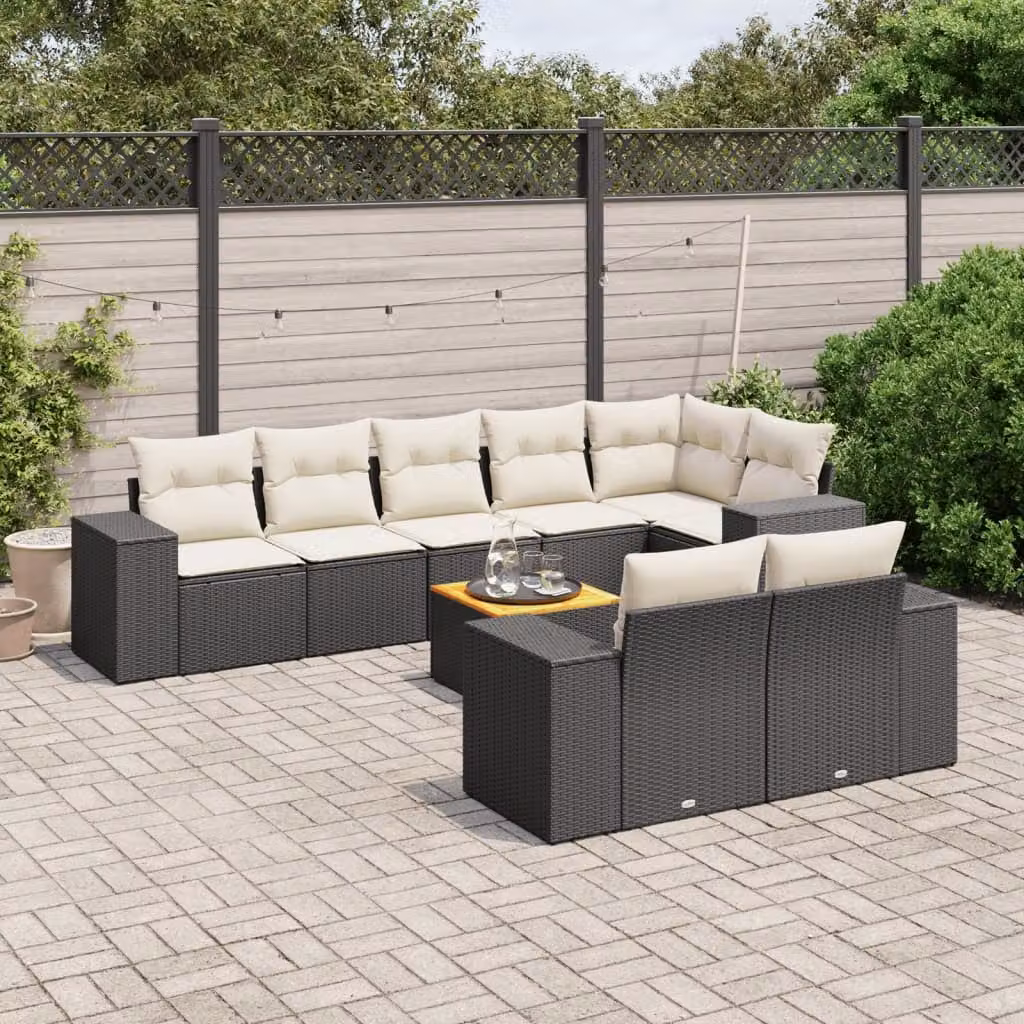 vidaXL Set Divani da Giardino 9 pz in Polyrattan Nero con Cuscini e Tavolino da Esterno – 1