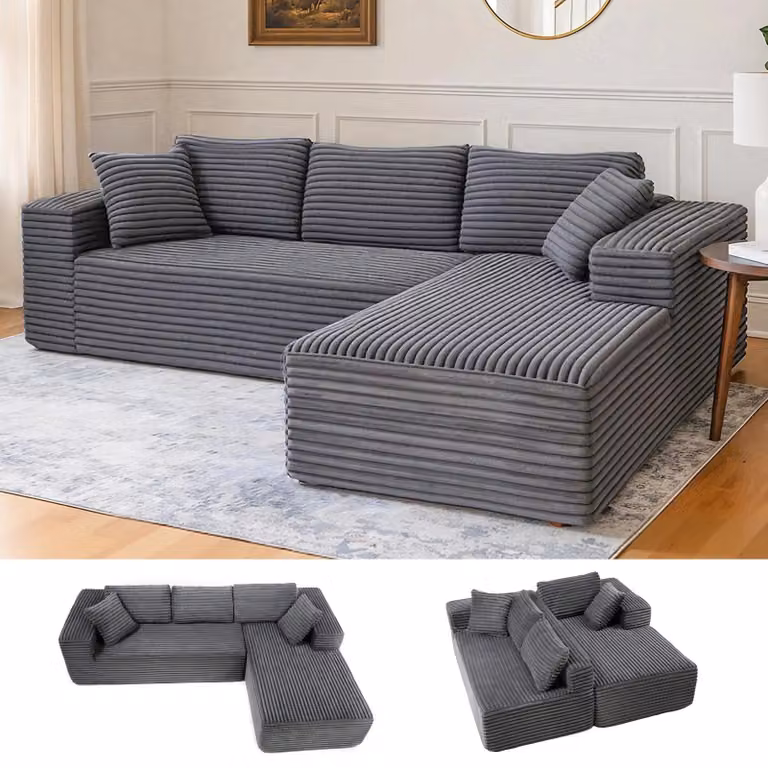 Divano componibile - Divano ad angolo a L - Chaise longue sul lato destro - Tessuto in velluto a coste - Design scandinavo - 277×174×59 cm - Grigio chiaro