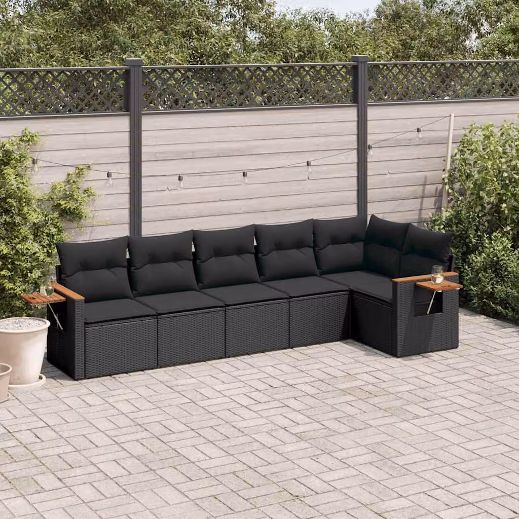 vidaXL Set Divano da Giardino a L con Cuscini Nero in Polyrattan e Legno di Acacia – 1