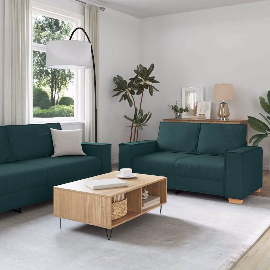 Set di divani vidaXL da 3 pezzi verde con tessuto in misto lino e struttura in metallo e plastica per soggiorno