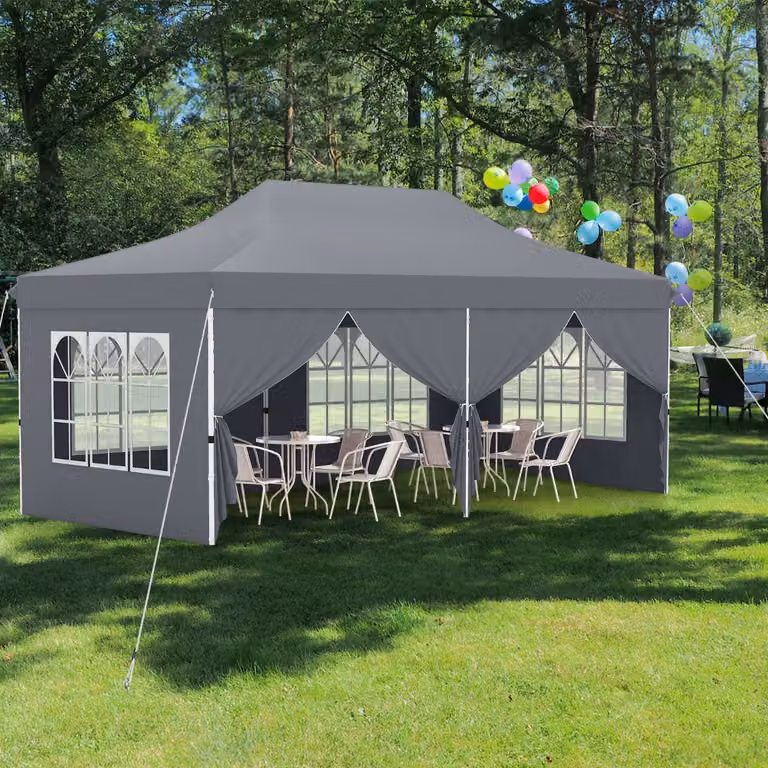 Costway Tenda Gazebo Pieghevole con 6 Pareti Laterali Rimovibili e Borsa da Trasporto, Grigio, L: 600 cm, P: 300 cm, H: 316 cm