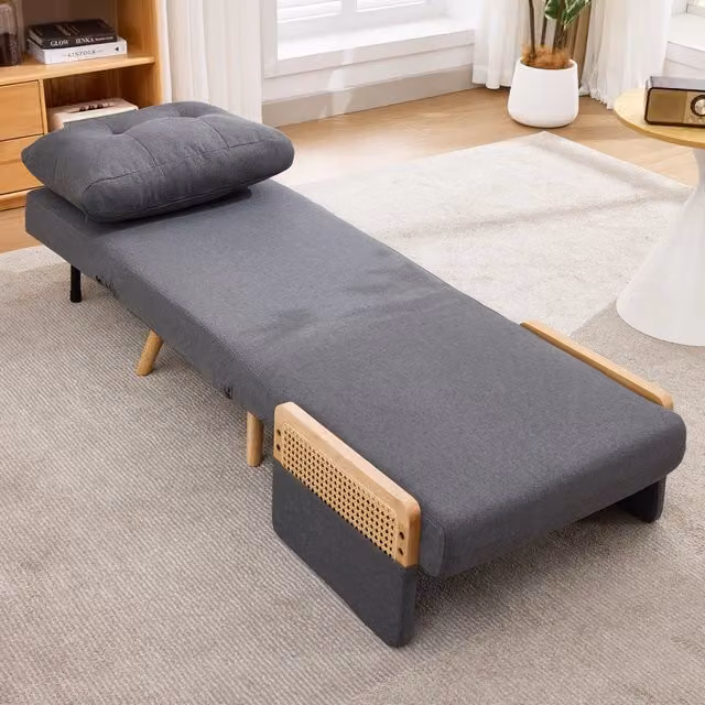 Poltrona letto 3 in 1 WISHDOR in tessuto grigio con braccioli in rattan e schienale regolabile