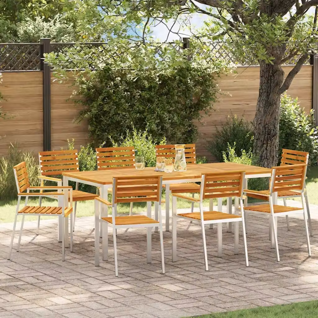 Set di 8 sedie da giardino vidaXL in legno di acacia oliato e metallo, stile moderno, marrone e argento