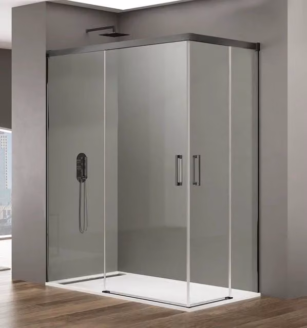 Box doccia angolare BASIC apertura al vertice 110x70 cm (105-109/65-70) titanio vetro trasparente