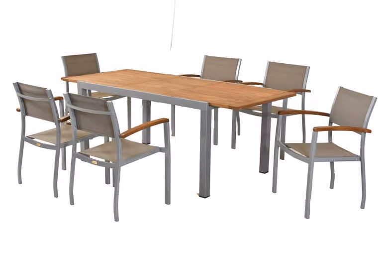 Set di mobili da giardino Merxx Naxos 7 pezzi, 6 sedie impilabili, 1 tavolo allungabile 150 (200) x 90 cm - alluminio/tessuto/acacia