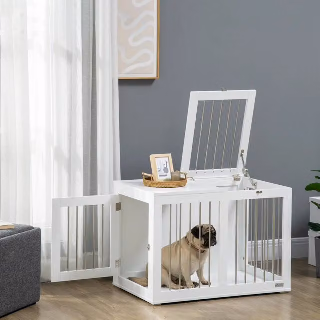 Cuccia per cani OKWISH con due porte e fondo rialzato, struttura in MDF e metallo, bianco, L: 80 cm, P: 50 cm, H: 56,5 cm – 1