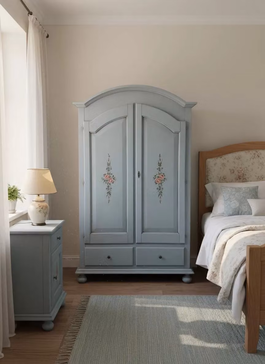 Armadio 2 porte in legno shabby chic azzurro decorato con motivi floreali Mobili 2G L/P/H: 125 x 61 x 200 cm – 2