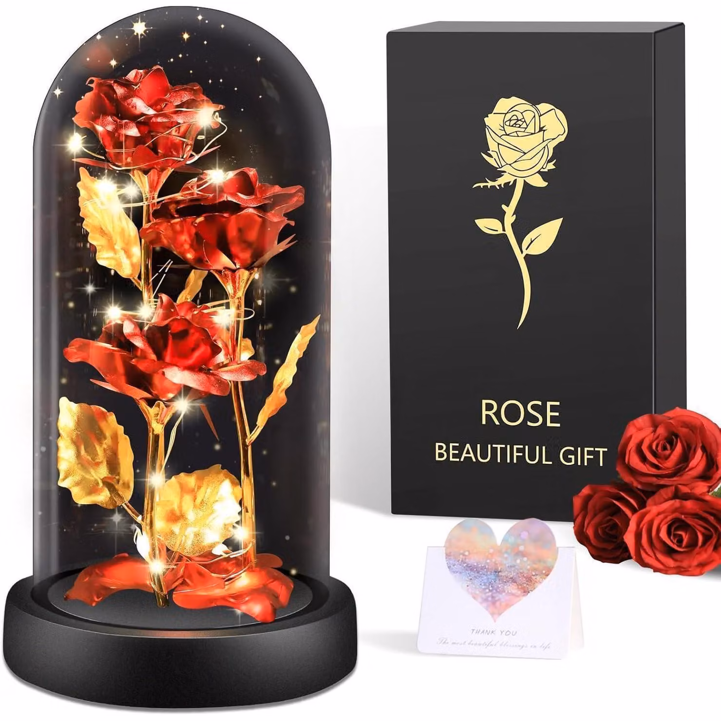 Rosa eterna in vetro con illuminazione a LED, fiore "Galassia" rosso, decorazione per scrivanie e tavoli da pranzo, 3 rose rosso dorate