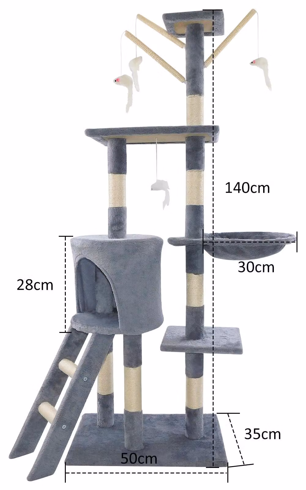 Albero per gatti - Gratta-albero - 140 cm - Centro attività - 5 o più livelli - Legno - Struttura stabile - Grigio