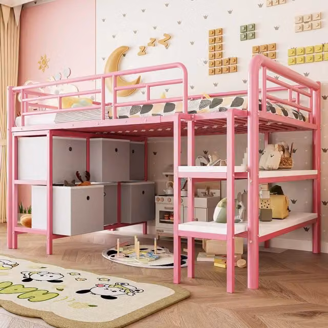 Letto a soppalco basso per bambini 90x200 cm in metallo rosa con cassetti e scaffali