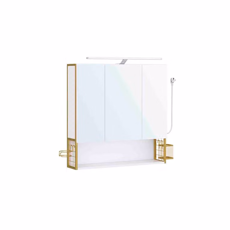 Armadietto da Bagno con Specchio e 3 Ante, Bianco Nuvola + Oro Verde Chiaro / 14,5 x 70 x 70 cm