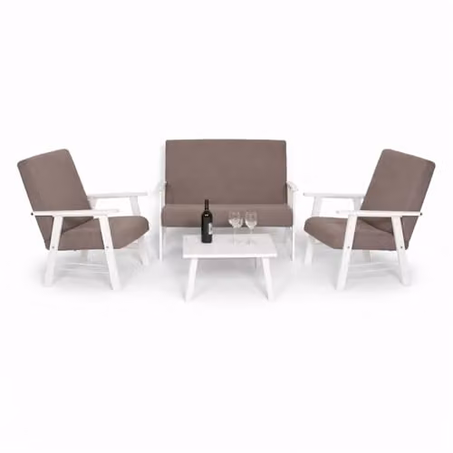 MA MAISON Set Salottino da Giardino in Legno Bianco - Divano, Poltrone, Tavolo, in Tessuto, Imbottito, Braccioli, da Arredo, per Soggiorno, Terrazza, Resistente, Moderna - Made in Italy (Tortora)