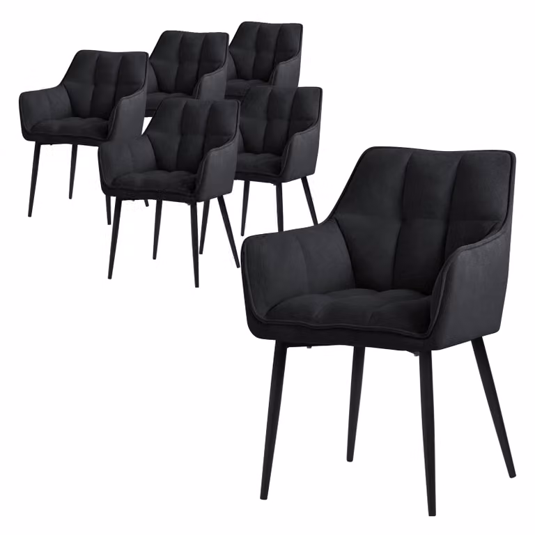 ML-Design 6x sedia da pranzo in tessuto spugna, nero, con seduta imbottita di spessore