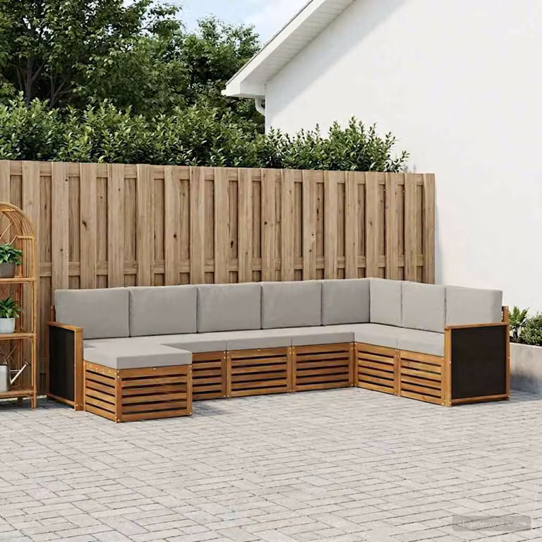 Set di divani da esterno vidaXL 8 pz in legno di acacia con cuscini, composizione a L con pouf, colori beige, grigio e marrone