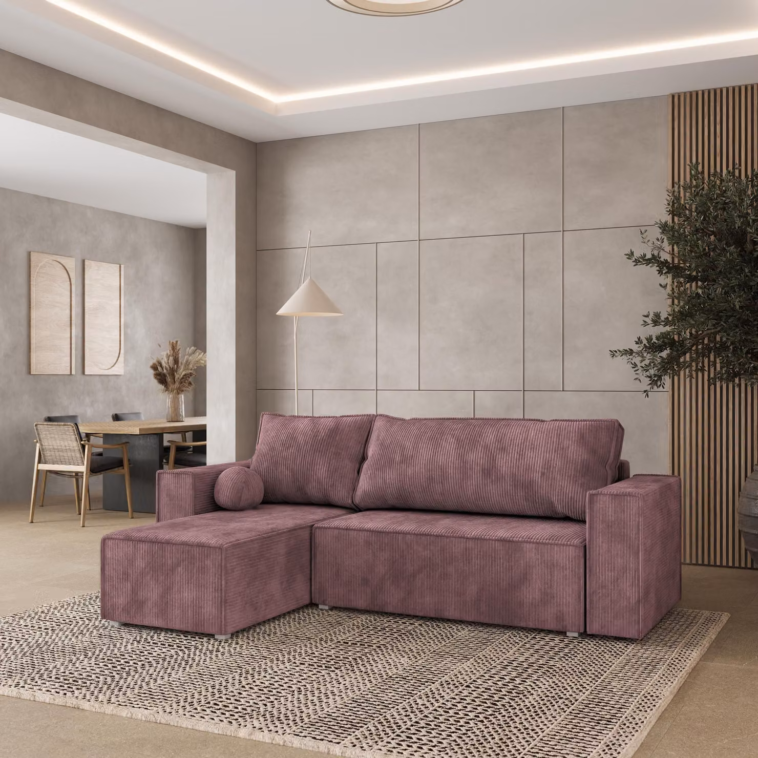 Divano angolare Masseno RAVELO P con funzione letto a L, divano con box letto, divano da salotto, divano, divano, divano letto, set di divani - viola, POSO 130