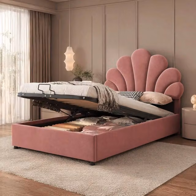 Letto imbottito 90x200 cm rosa con testiera floreale, vano contenitore e rete a doghe