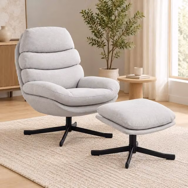 Poltrona relax girevole con poggiapiedi in ciniglia bianco crema 78x93x100 cm