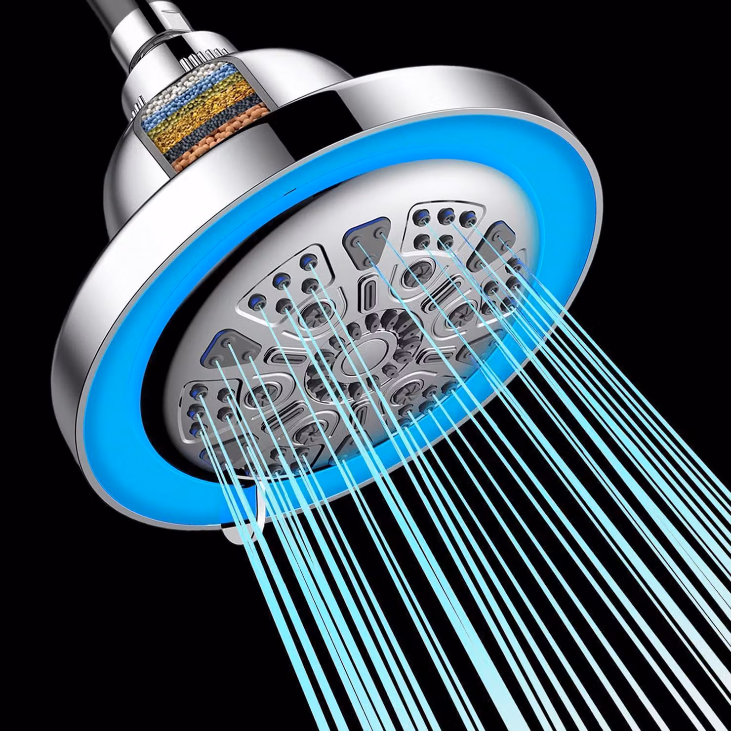 Rubinetto doccia LED con indicatore di temperatura, 3 colori, 7 modalità di erogazione, filtro anticalcare, senza batterie