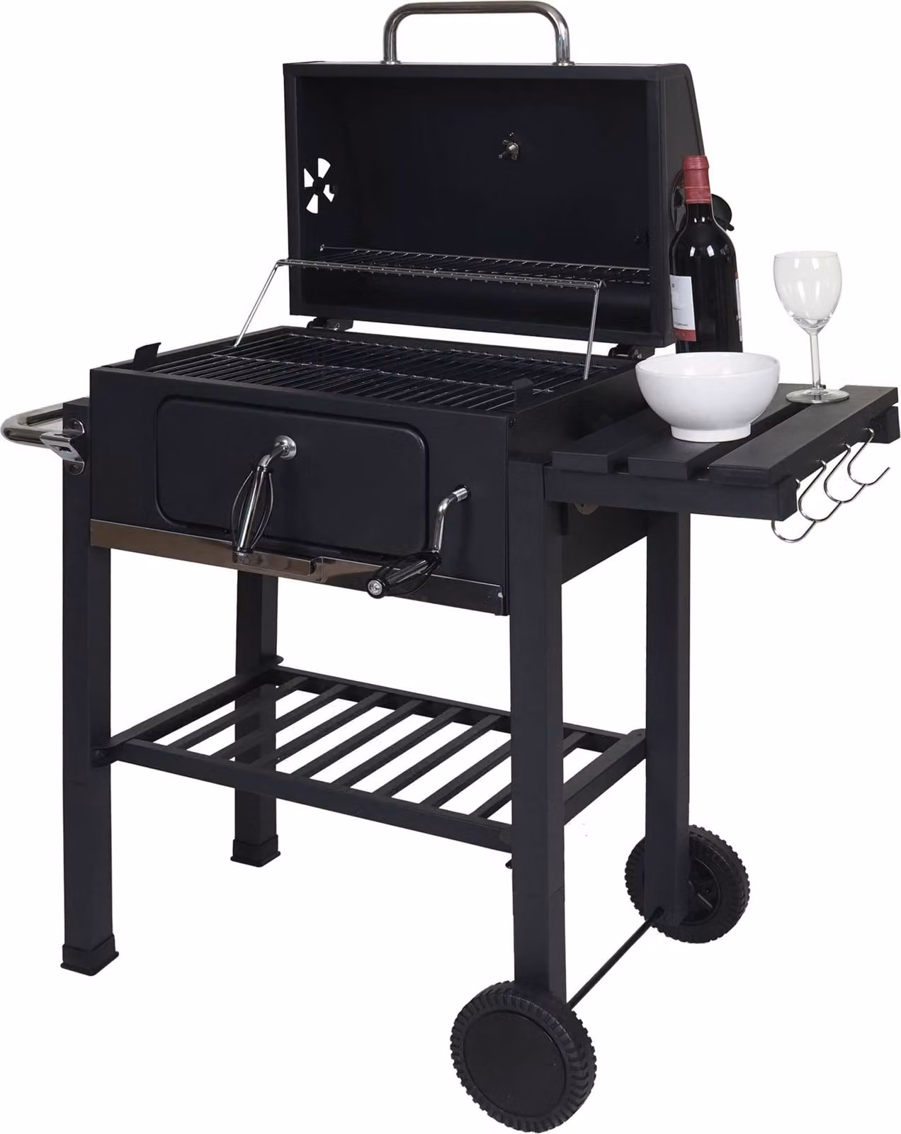 Carrello barbecue MCW-K93, barbecue a carbonella da terra con coperchio e ripiani, in acciaio, 110x100x51 cm, nero