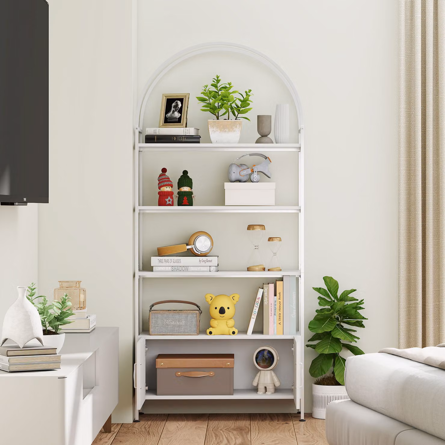 Scaffale portaoggetti HOMCOM con libreria ad arco a 4 ripiani e armadietto a doppia anta, bianco, L 80 x P 30 x H 187 cm – 2