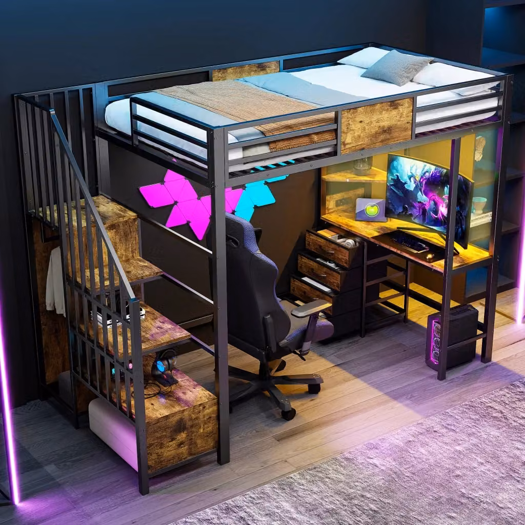 Letto a soppalco singolo con scrivania, appendiabiti, illuminazione LED e porta USB, in metallo e MDF nero, L/P/H: 200 x 90 x 175 cm – 2