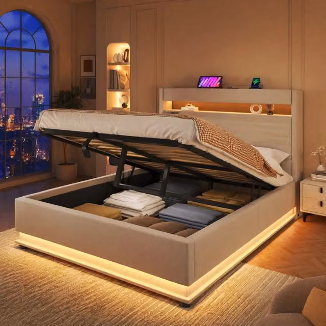 Letto imbottito 140x200 cm con vano contenitore idraulico; LED; USB e Type-C; lino beige