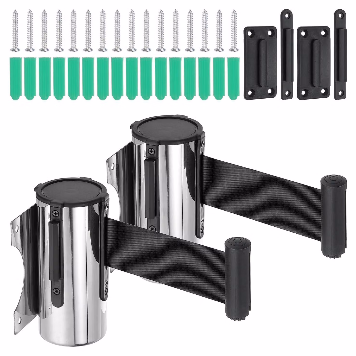Set di 2 barriere a nastro retrattili, lunghezza 3 metri, corpo in acciaio, colore argento/nero