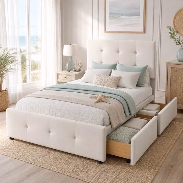 Letto singolo imbottito 90x200 cm con rete a doghe, testiera e due cassetti, rivestimento in velluto beige, senza materasso