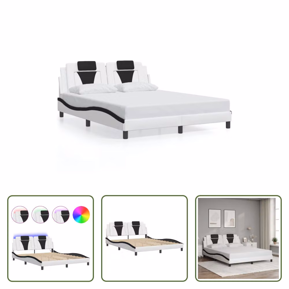 The Living Store Struttura letto con LED bianco e nero 160x200 cm in ecopelle