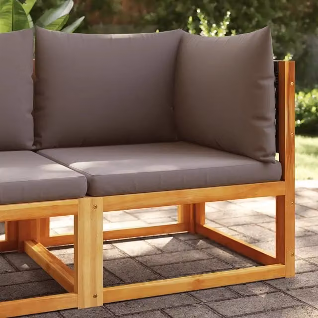 Divano da giardino angolare Design Mania in legno di acacia e rattan con cuscini grigi – 1