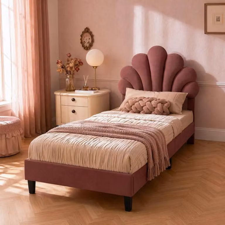 Letto imbottito ProximaX, dimensioni 90x200 cm, color borgogna, con testiera a forma di fiore regolabile in altezza