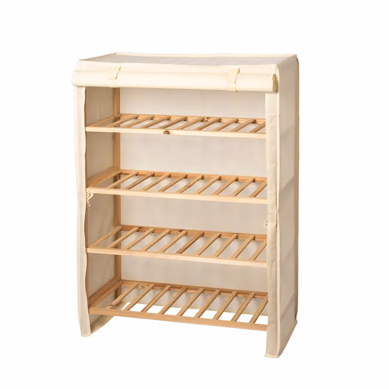 Scarpiera VESTIAMO CASA Linea Woodhandy con 4 Ripiani in Legno di Abete e Rivestimento in Tessuto Beige o Bianco, H 88,5 x L 63 x P 27 cm