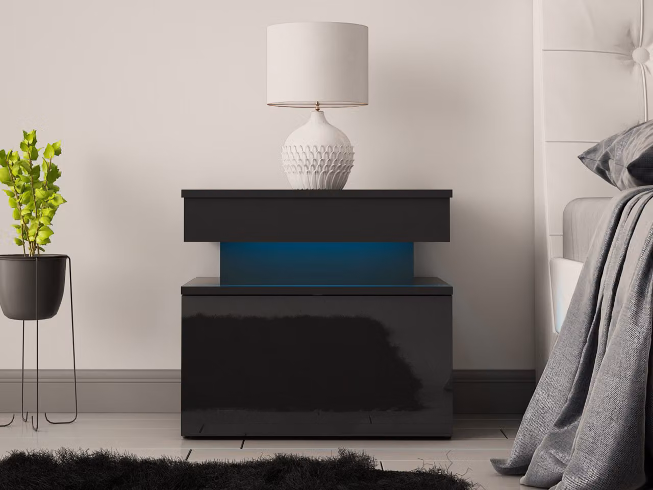Comodino con illuminazione a LED USOA - nero lucido