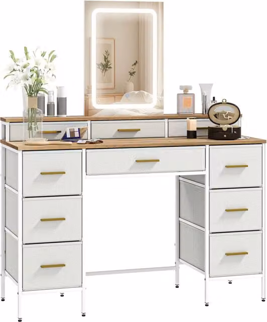 Scrivania da trucco Minimal con specchio e luci LED colore naturale L: 118.5 cm, P: 39.5 cm, H: 140 cm