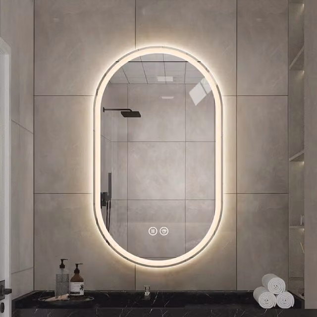 Specchio bagno led 60x90 ovale senza cornice antiappannamento touch screen 3 colori; alluminio e vetro temperato