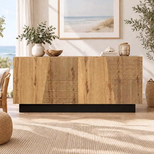 Credenza ULEVR 160x40x72 cm con ripiano regolabile, mobile contenitore in truciolare nero e finitura legno