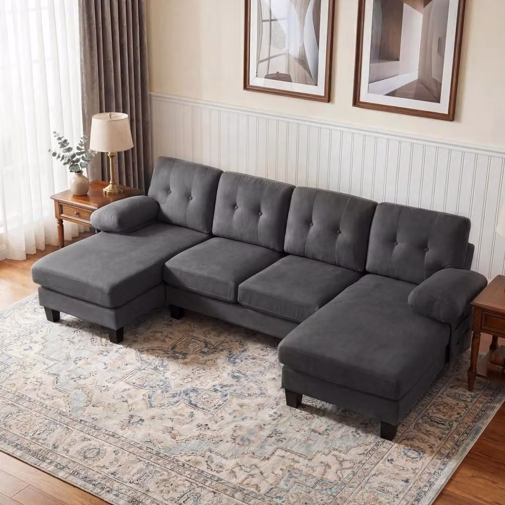 Divano angolare a forma di U - Divano letto 4 posti - Con poltrona - Rivestimento in chenille - Schienale regolabile - Stile moderno - Grigio