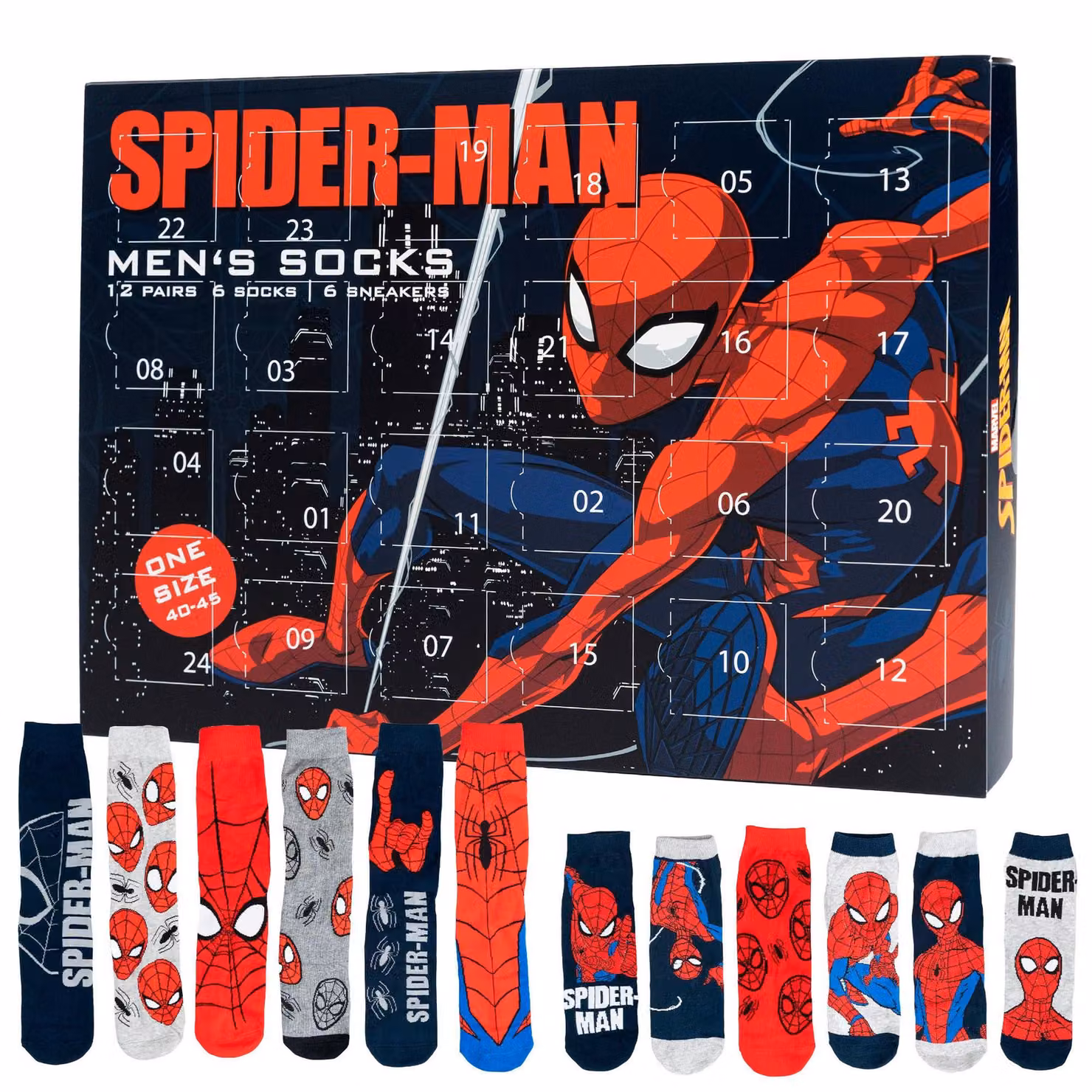 Calendario dell'Avvento Spiderman, 12 paia di calzini, taglia 40-45, da uomo