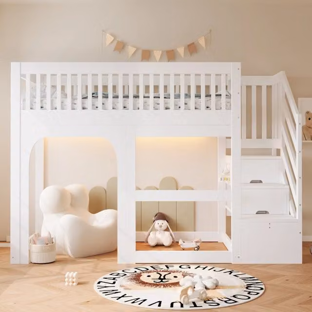 Letto a soppalco a casetta 90x200 cm con porta; finestra; scala contenitore; area gioco; LED e rete; legno bianco