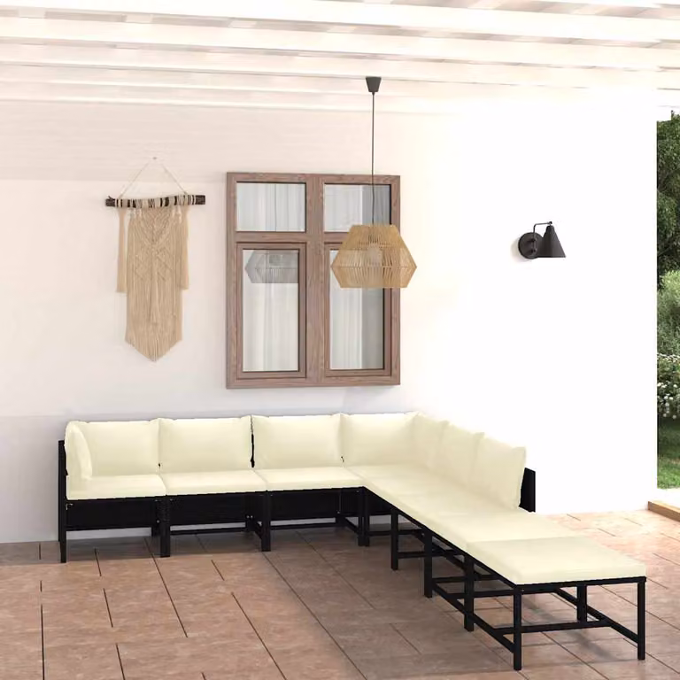 Set di divani da giardino vidaXL a forma di L composto da 8 pezzi con cuscini bianchi e struttura in rattan nero e metallo