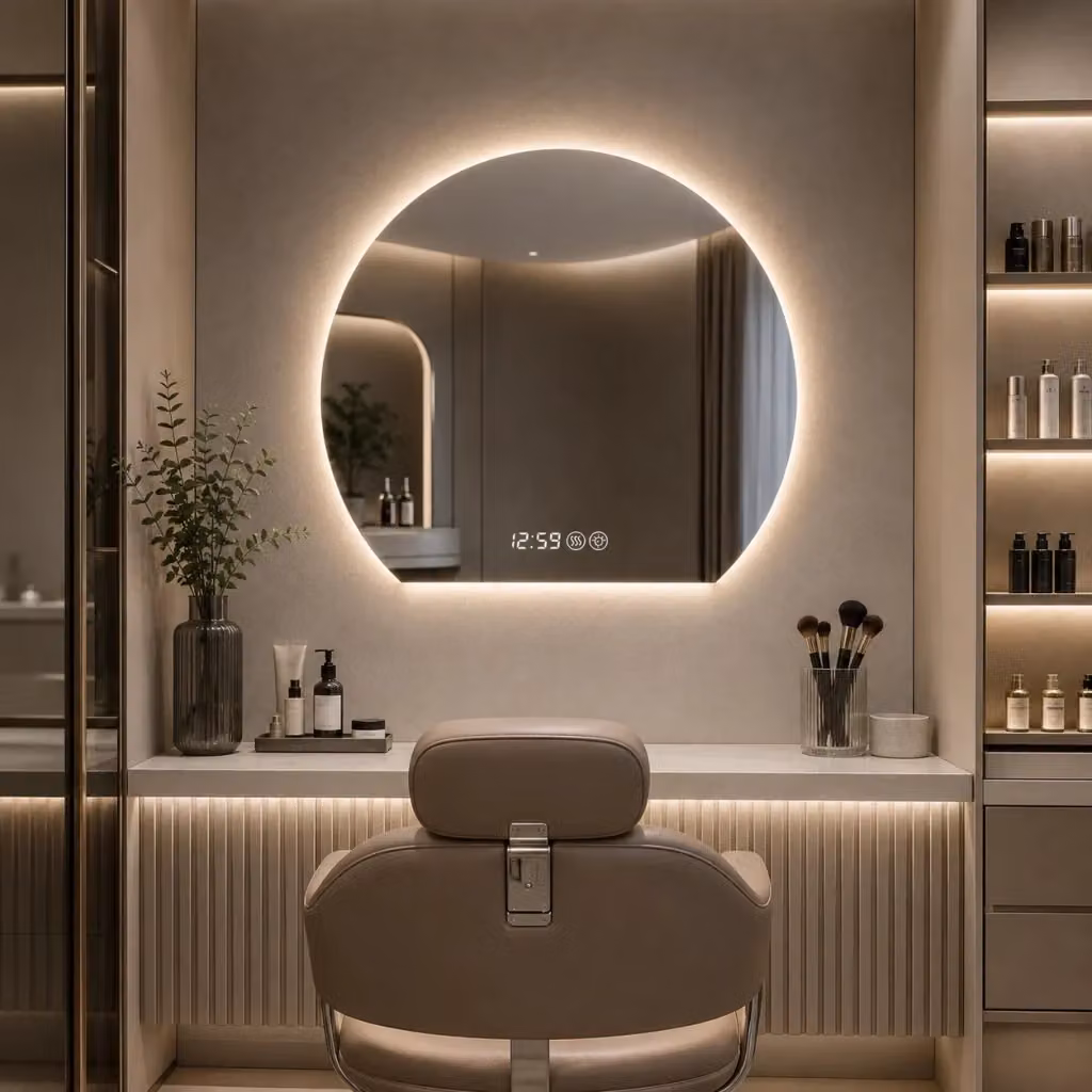 Specchio da bagno rotondo WISHDOR con LED dimmerabile, antiappannamento e funzione orologio/temperatura, colore silver, Diametro: 80 cm – 2