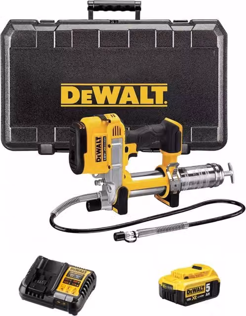 Pistola per grasso DeWalt DCGG571P1K gialla con batteria da 5,0 Ah, caricabatterie DCB1104 e valigetta da trasporto