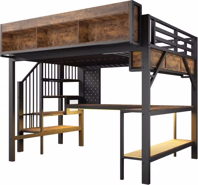 Letto a soppalco in stile industriale con scrivania angolare, mensole, porta USB Tipo-C e illuminazione LED, L/P: 140 x 200 cm, colori marrone e nero