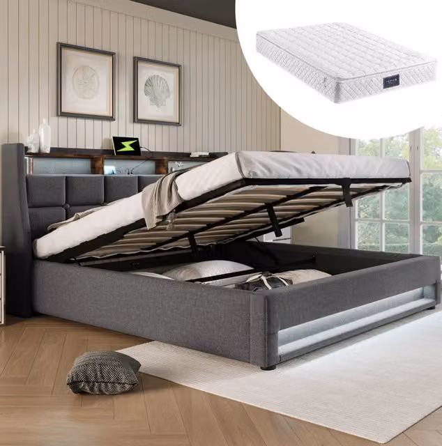 Letto matrimoniale 160x200 cm con LED, USB e materasso