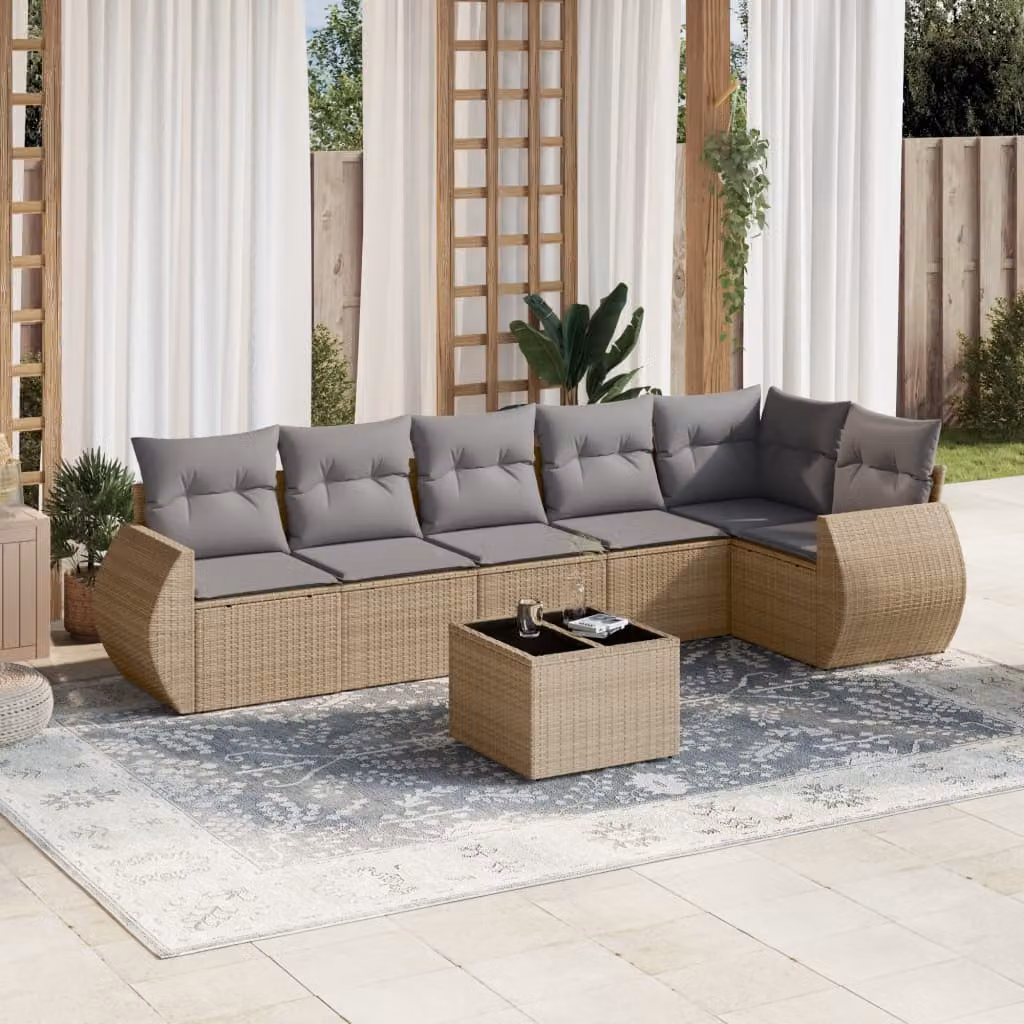 vidaXL Set Divani da Giardino 7 pz in Polyrattan con Cuscini Beige e Tavolino da Esterno – 1