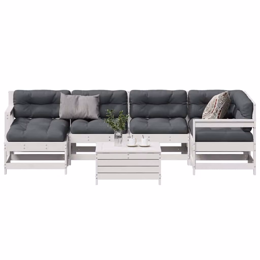 Set Salotto da Giardino vidaXL in Legno di Pino Massello con Cuscini Bianchi e Antracite, Composizione a L con Divano a 3 Posti e Pouf, 7 Pezzi