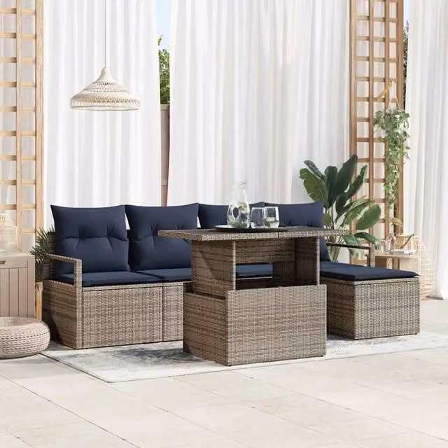 Set Divano da Giardino 6 pz vidaXL in Polyrattan Grigio e Blu con Cuscini e Tavolino – 1