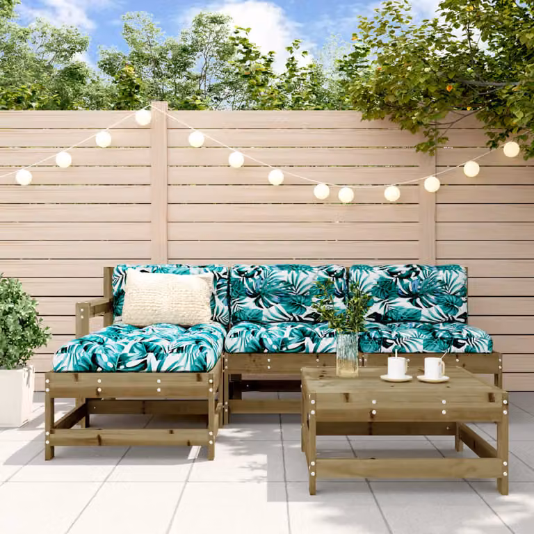 Set da giardino vidaXL a 5 pezzi in legno di pino con cuscini, composizione a L con divano, poltrone, tavolino e pouf, colori marrone e verde