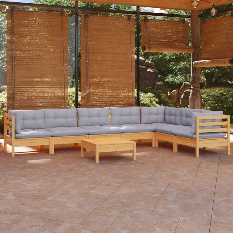 Set di divani da giardino vidaXL a forma di L composto da 8 pezzi in legno massello di pino con cuscini grigi