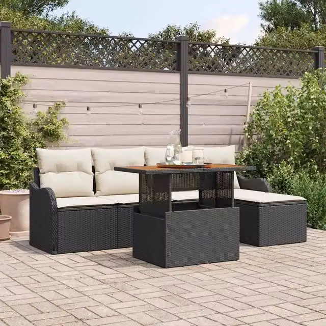Set Divano da Giardino 6 pz Nero e Crema polyrattan 3349445